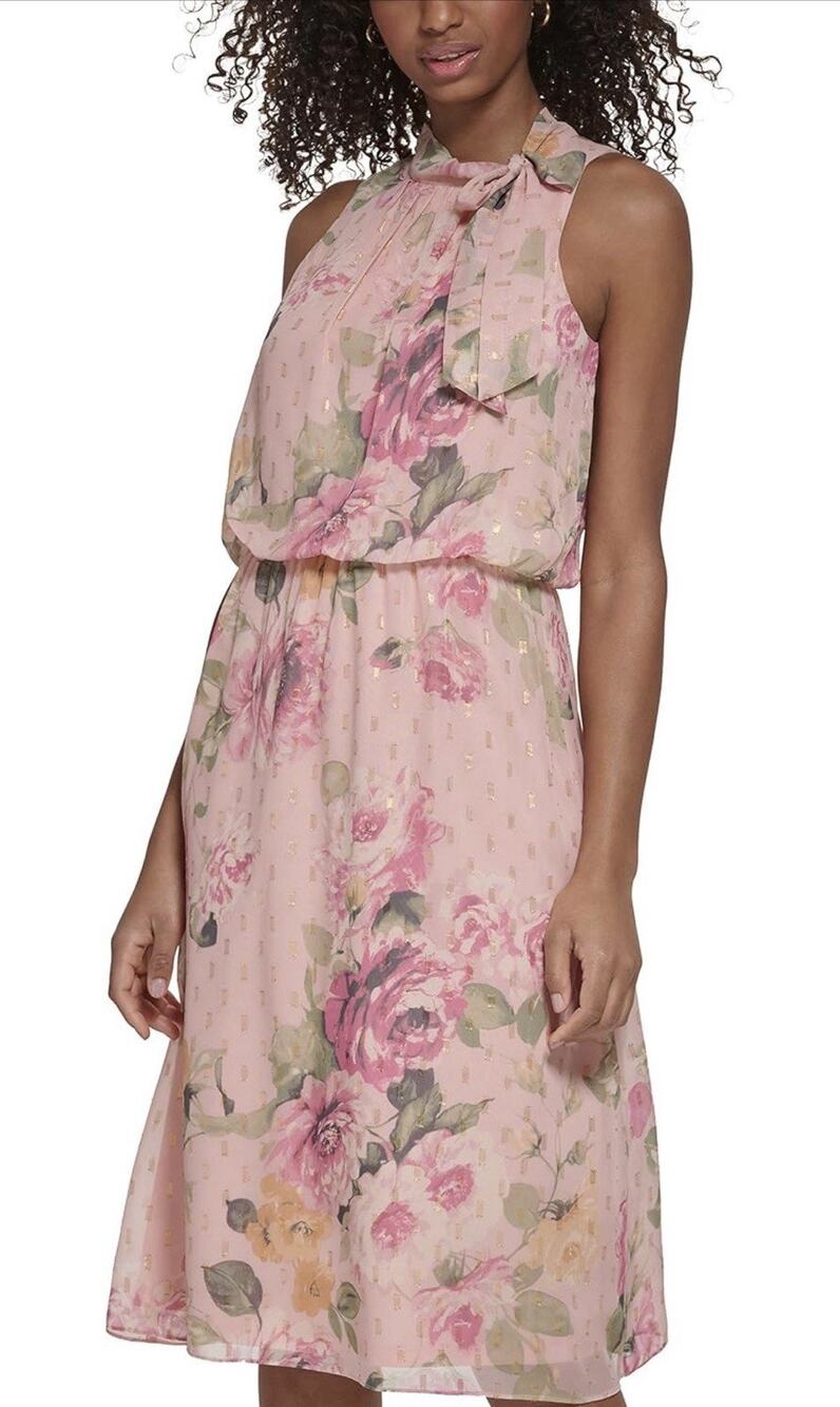Jessica Howard Womens Fit and Flare Midi Dress with Tie Neck in Chiffon Lurex 8